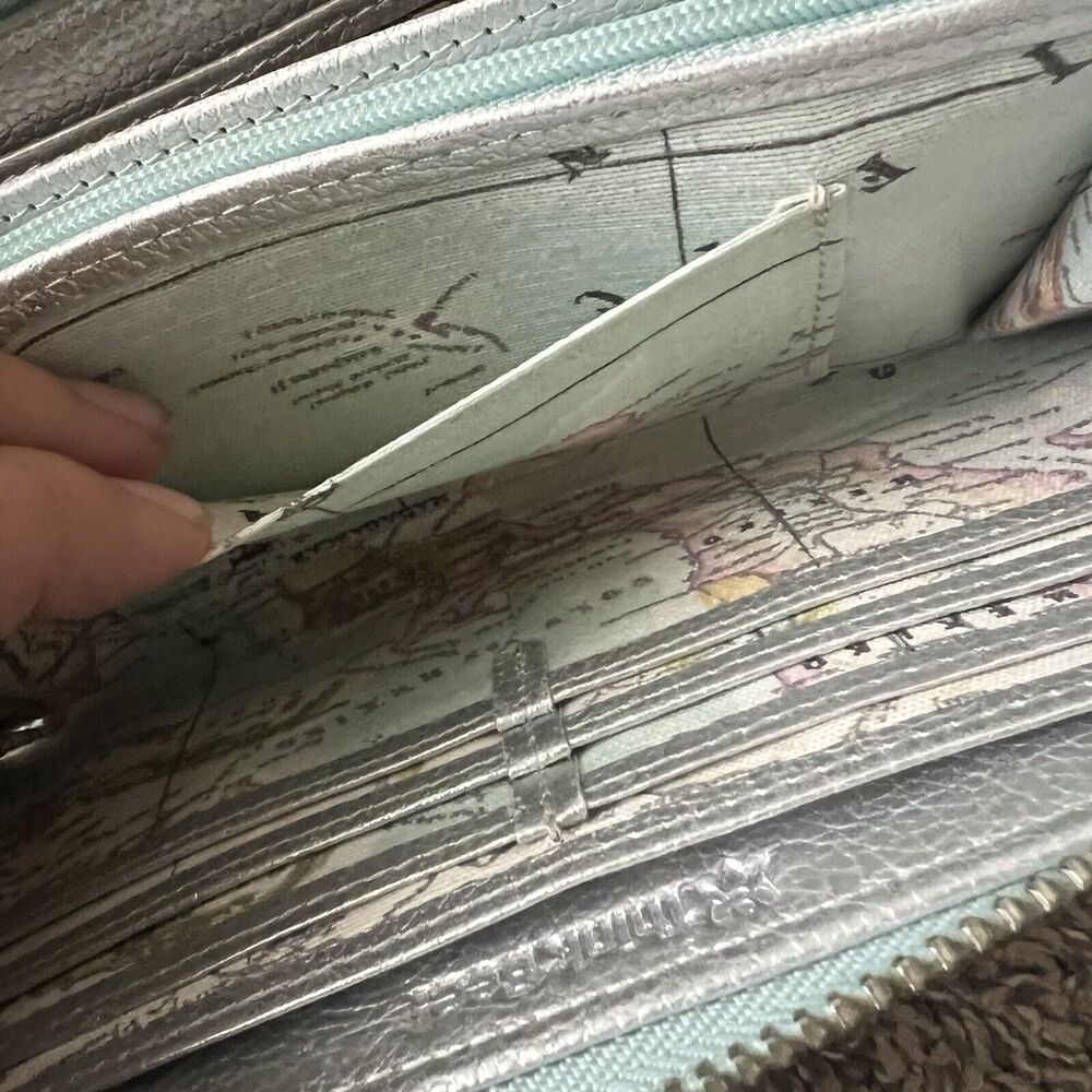 Think Bee Japanese World Map Globe Long Wallet Zip Up Coated Canvas Light Blue - Picture 5 of 16
